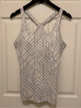 Athleta Geometric Print Racerback Tank | White & Navy | Size XL